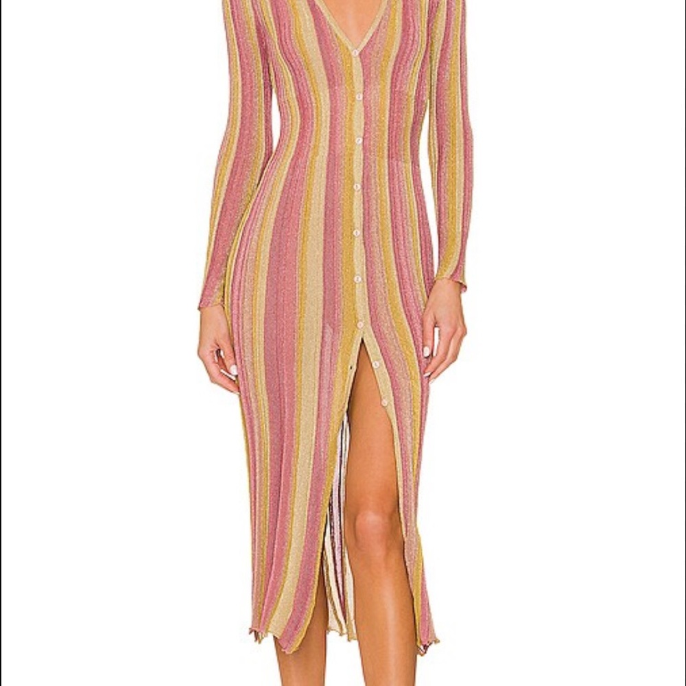 Misa Los Angeles Pink and Yellow Striped Long Sleeve Dress